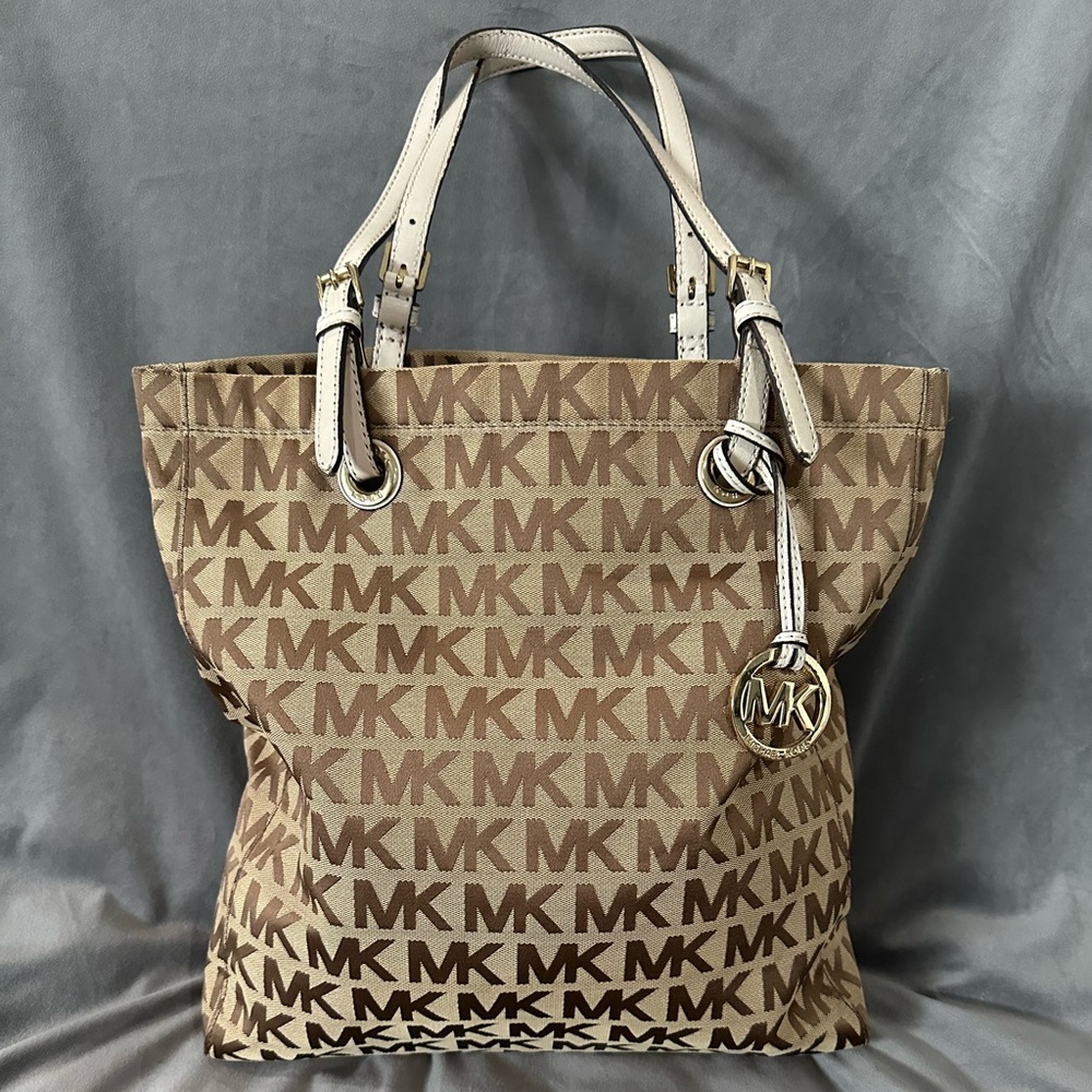 Michael Kors Monogram Shopper Tote Purse with Leather- Brown and Tan